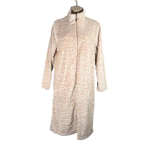 Coral Bay Robe Womens Medium Tan Leopard Animal Print Plush Zip Up Mock Neck - Picture 1 of 9